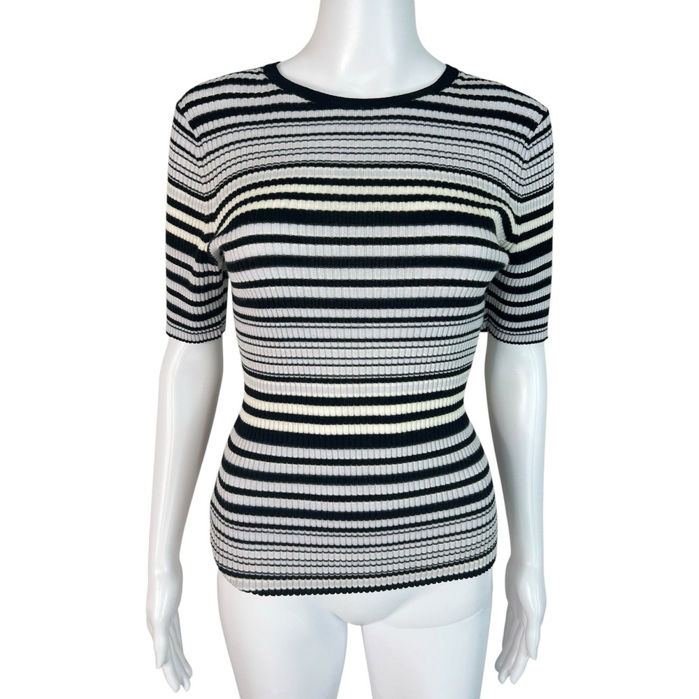 Theory Womens Size M Top Shirt Merino Wool Rib Knit Black Striped Capsule Luxury